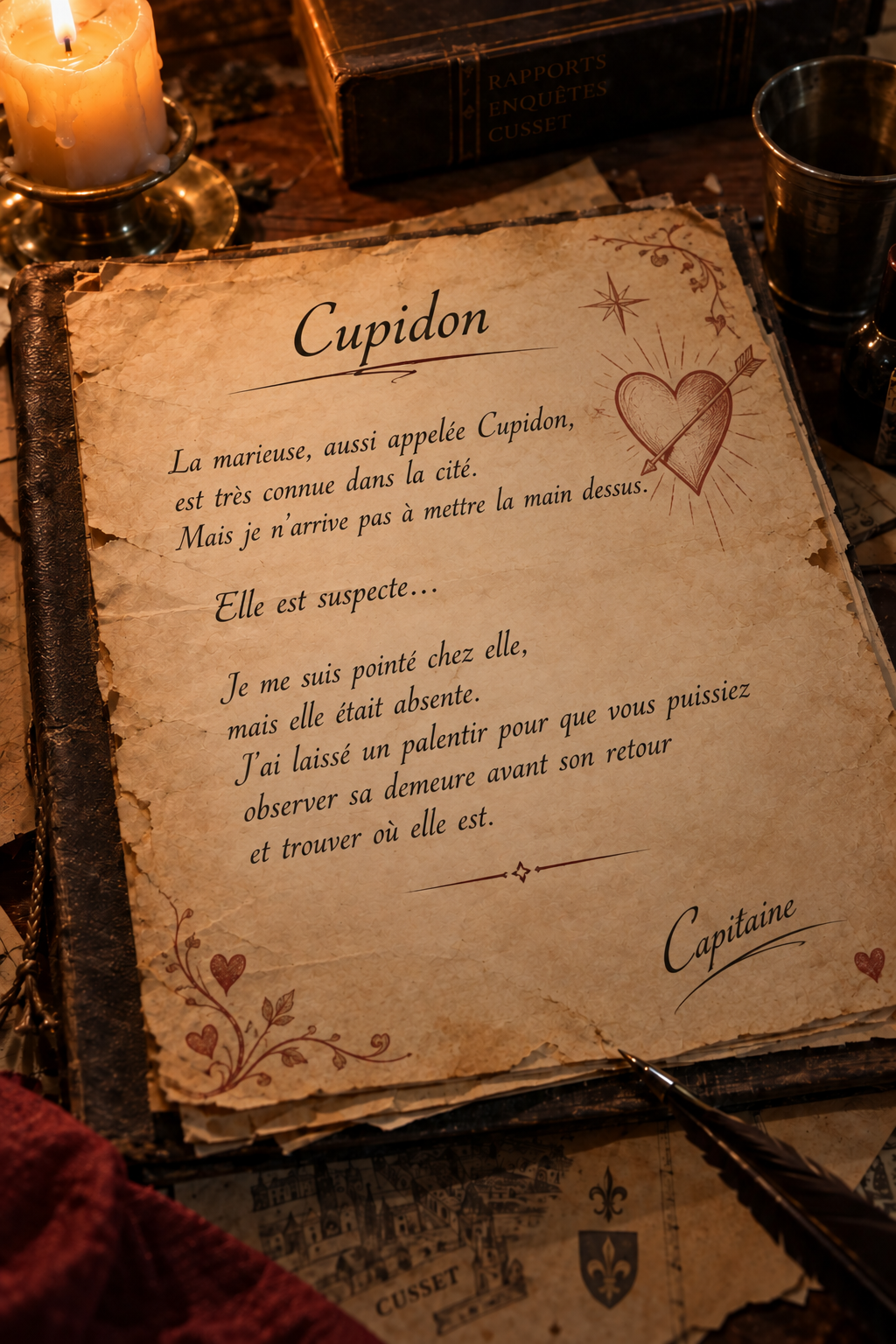 La note du capitaine au sujet de Cupidon, sur un parchemin éclairé à la bougie. Son texte est accessible avec le bouton Lire la note.